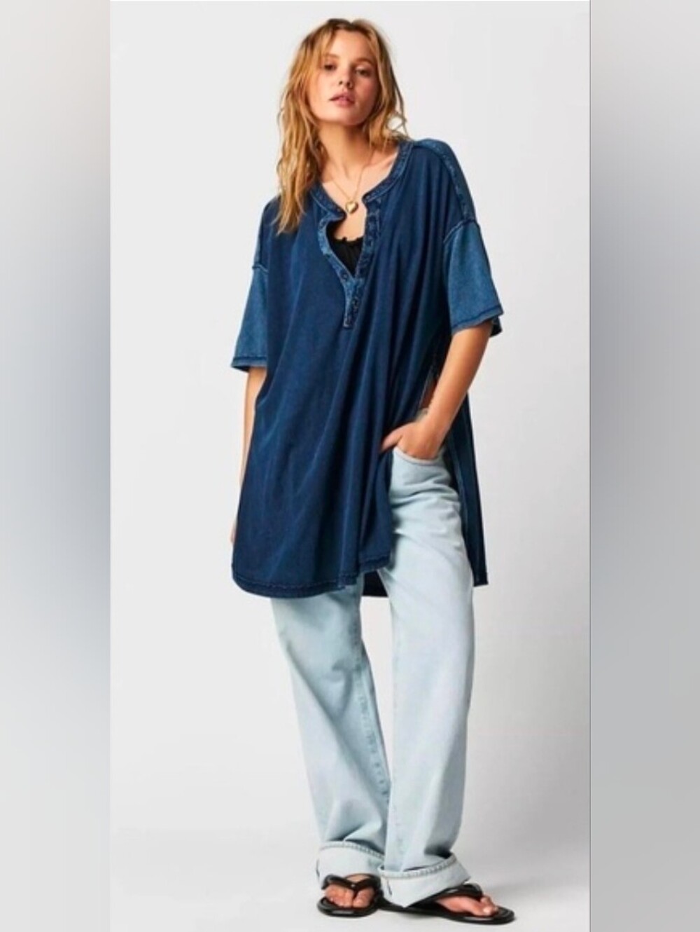 We The Free Dark Indigo Oversized Denim Look Henley Top